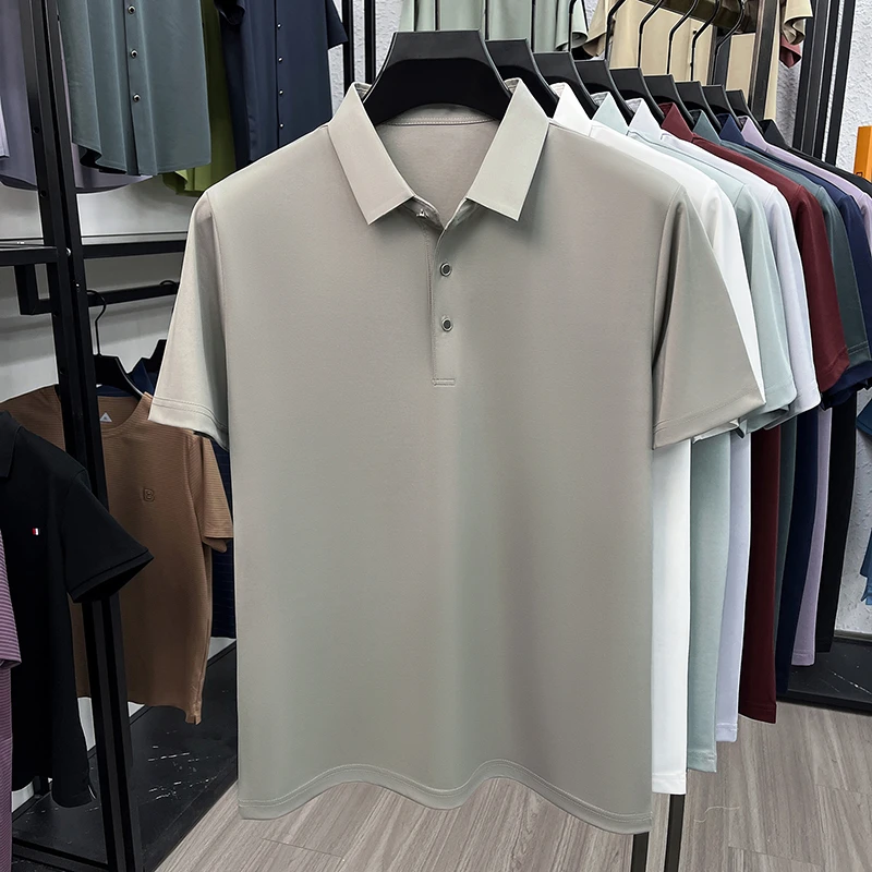 Polo en soie de mûrier pour hommes, tissu doux au toucher soyeux, manches courtes, pour les affaires et un usage quotidien
