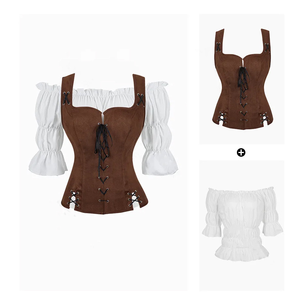 Costume de Pirate pour femmes, gilet médiéval, Cosplay, grande taille, chemisier médiéval, hauts, ensemble 2 pièces, gilet Renaissance, marron, noir, bleu, rouge