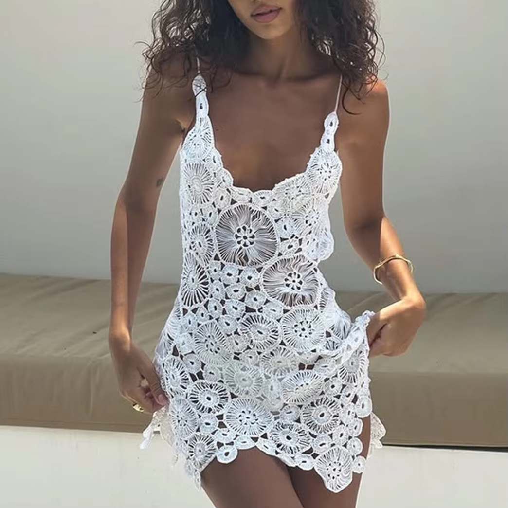 Maillot de bain en Crochet pour femmes, Sexy, Slim, col en U, ajouré, sans manches, ourlet irrégulier, Mini robe de plage, été