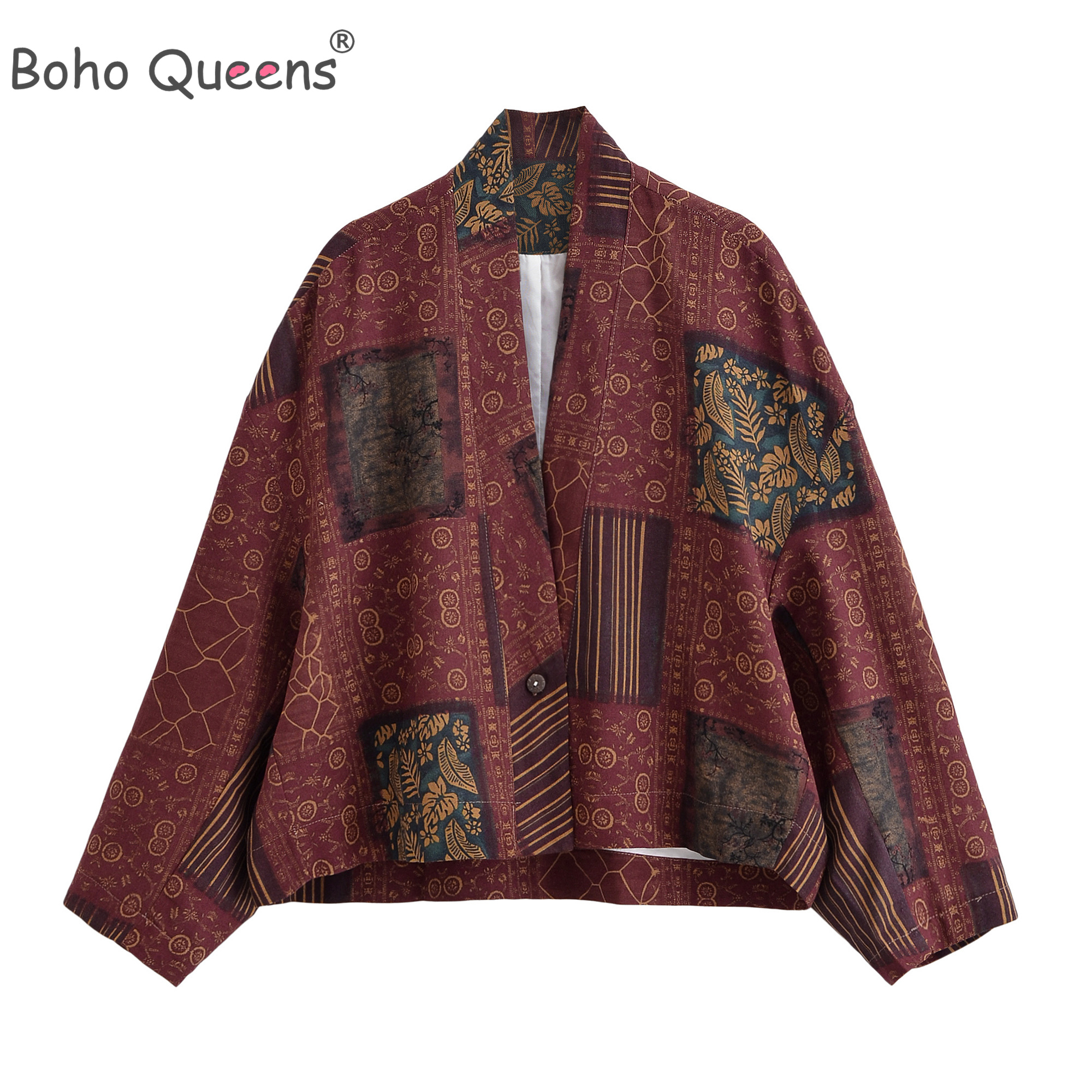 Boho Queens femmes automne lin coton Patchwork fleurs vêtements d'extérieur bohème vestes coupe ample automne quotidien vêtements d'extérieur de rue