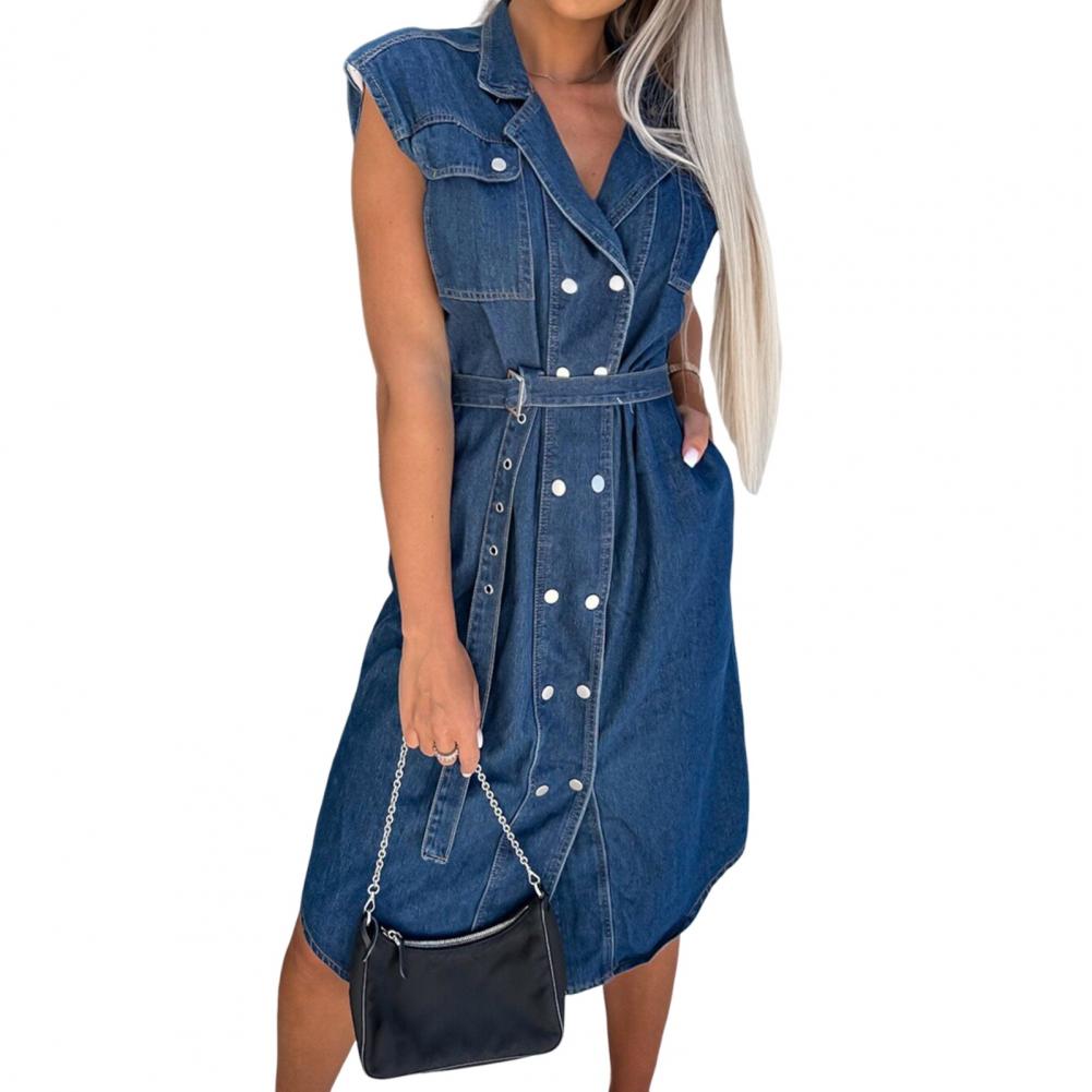 Robe en mélange de coton pour femmes, chemise en Jean, ligne a, cravate à la taille, avec revers boutonné, tenue de soirée au bureau, été