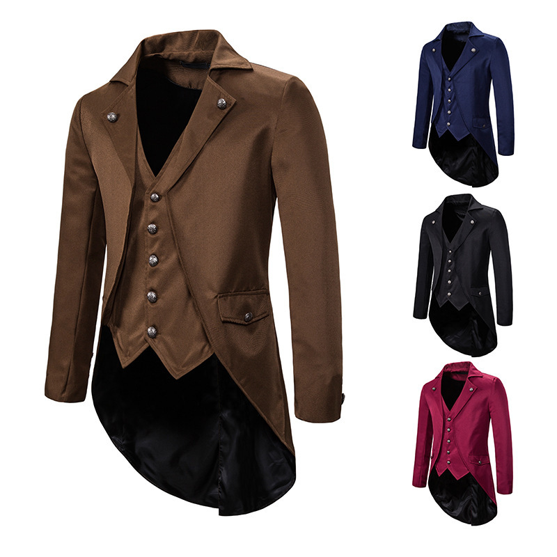Costume de soirée vintage pour homme, veste de smoking, cosplay, costume de fête, faux deux queues-de-pie, vêtements d'Halloween, hauts, queue d'aronde, uniforme formel