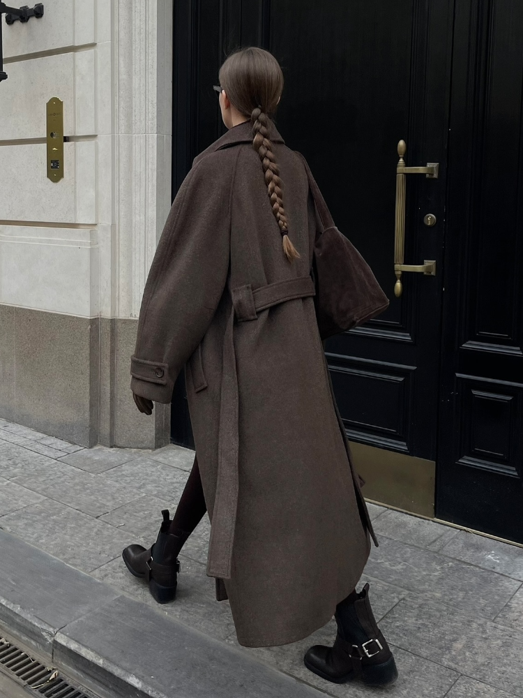 Col montant simple boutonnage laine à lacets Long pardessus femmes élégant manches longues bouton poches manteaux nouveau automne hiver hauts
