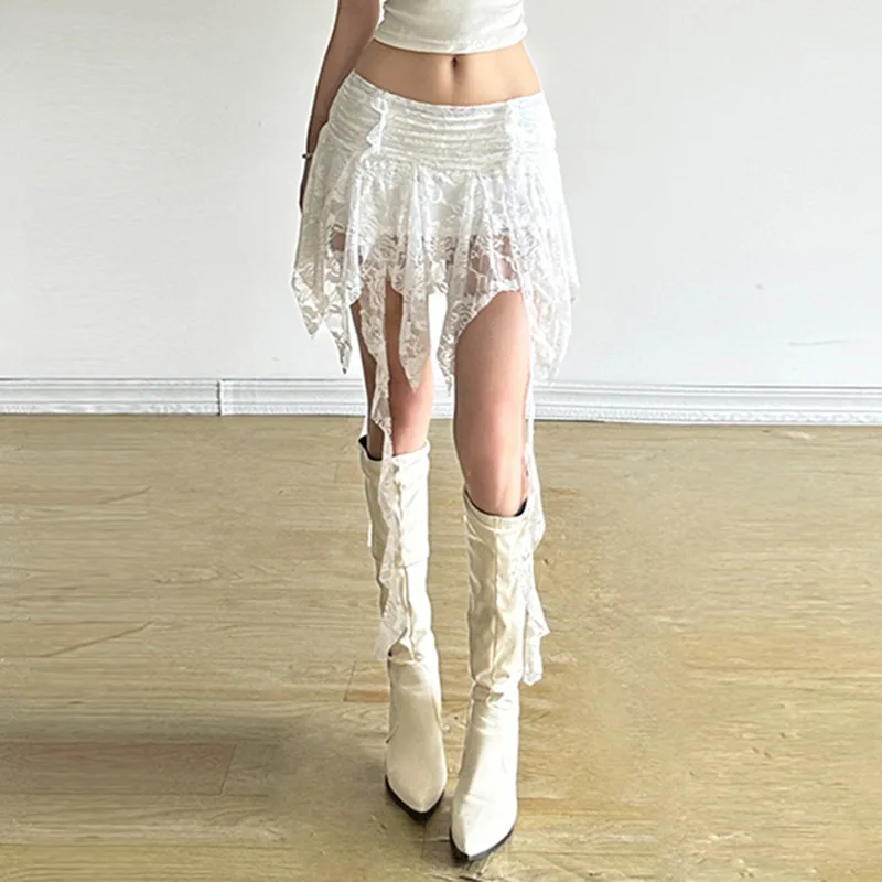 Jupe plissée asymétrique double couche en dentelle, taille basse, polyvalente et ajustée