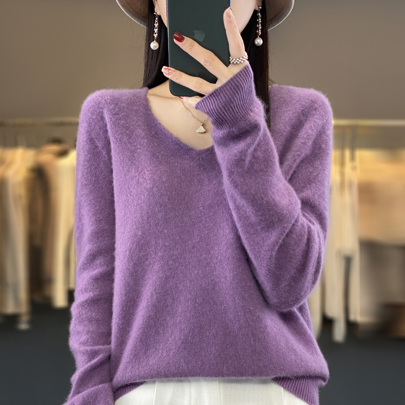 Pull en cachemire 100% pure laine pour femme, col en v, haut en tricot décontracté, manteau pour femme, mode coréenne, automne et hiver