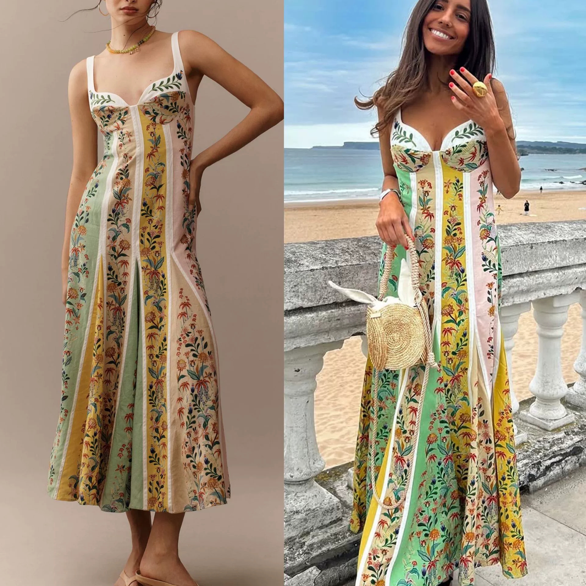 Mode femmes élégantes sans manches robes de soirée décontracté col en V profond robe Maxi été dos nu taille haute robe imprimée robes