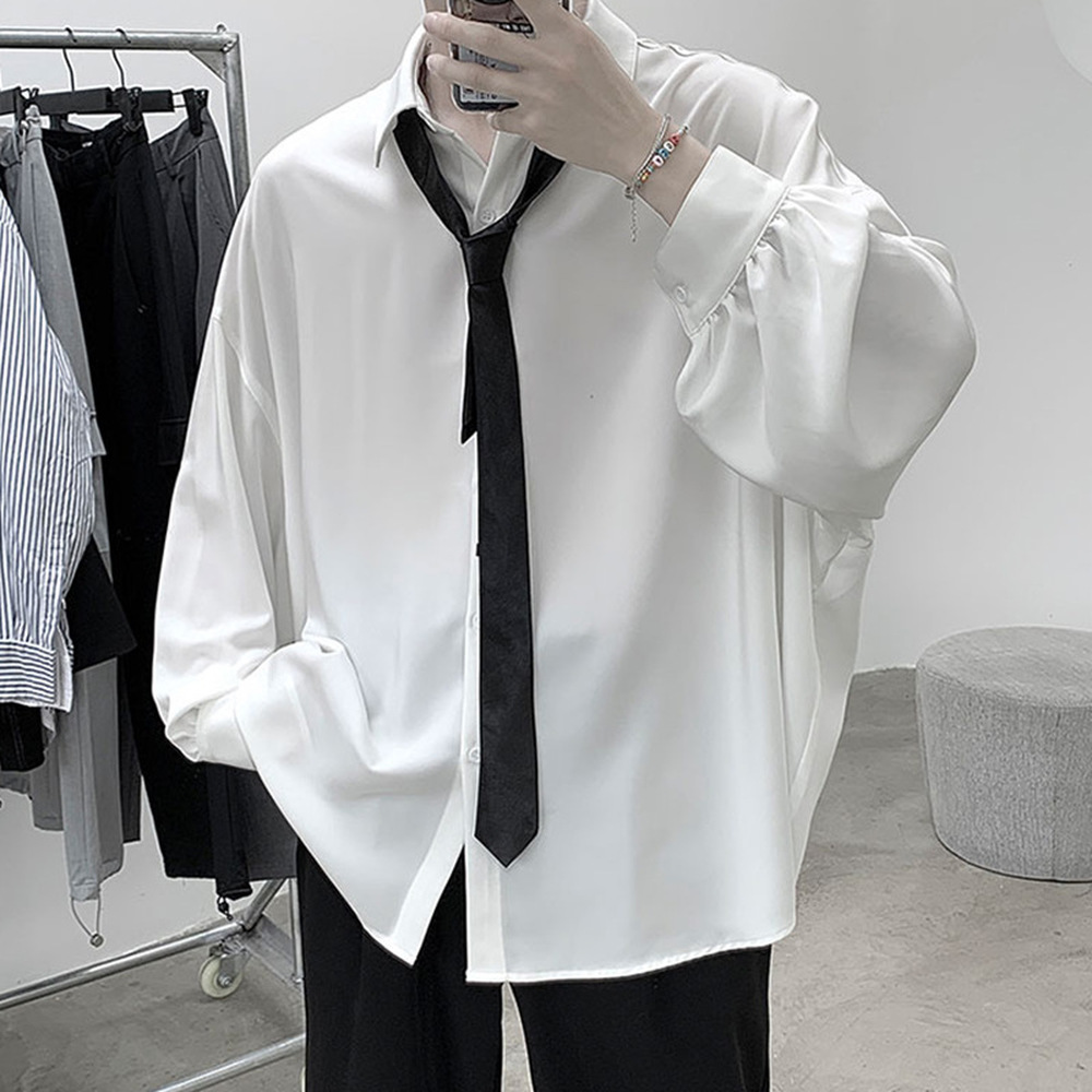 Chemises à manches longues avec cravate noire gratuite pour hommes, chemisiers coréens confortables, décontractés, amples, simple boutonnage, t-shirt Harajuku