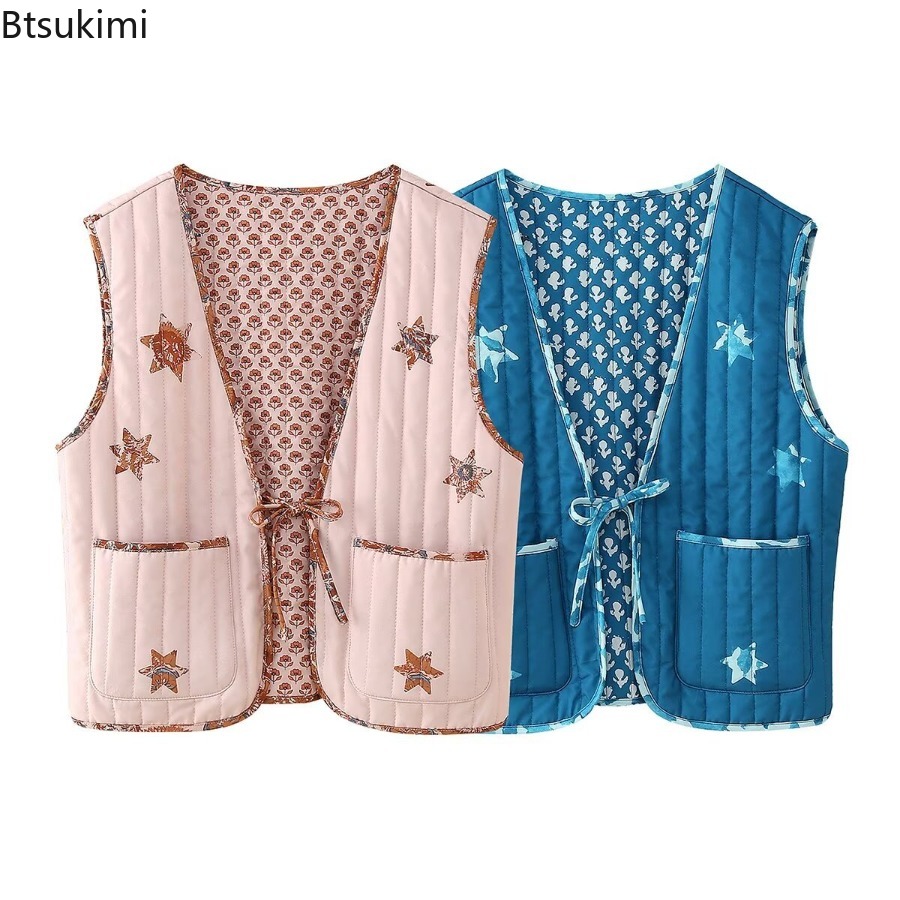 Gilets Double face à imprimé Floral pour femmes, sans manches, à nouer sur le devant, matelassés, vêtements d'extérieur d'automne, Vintage, élégants, décontractés
