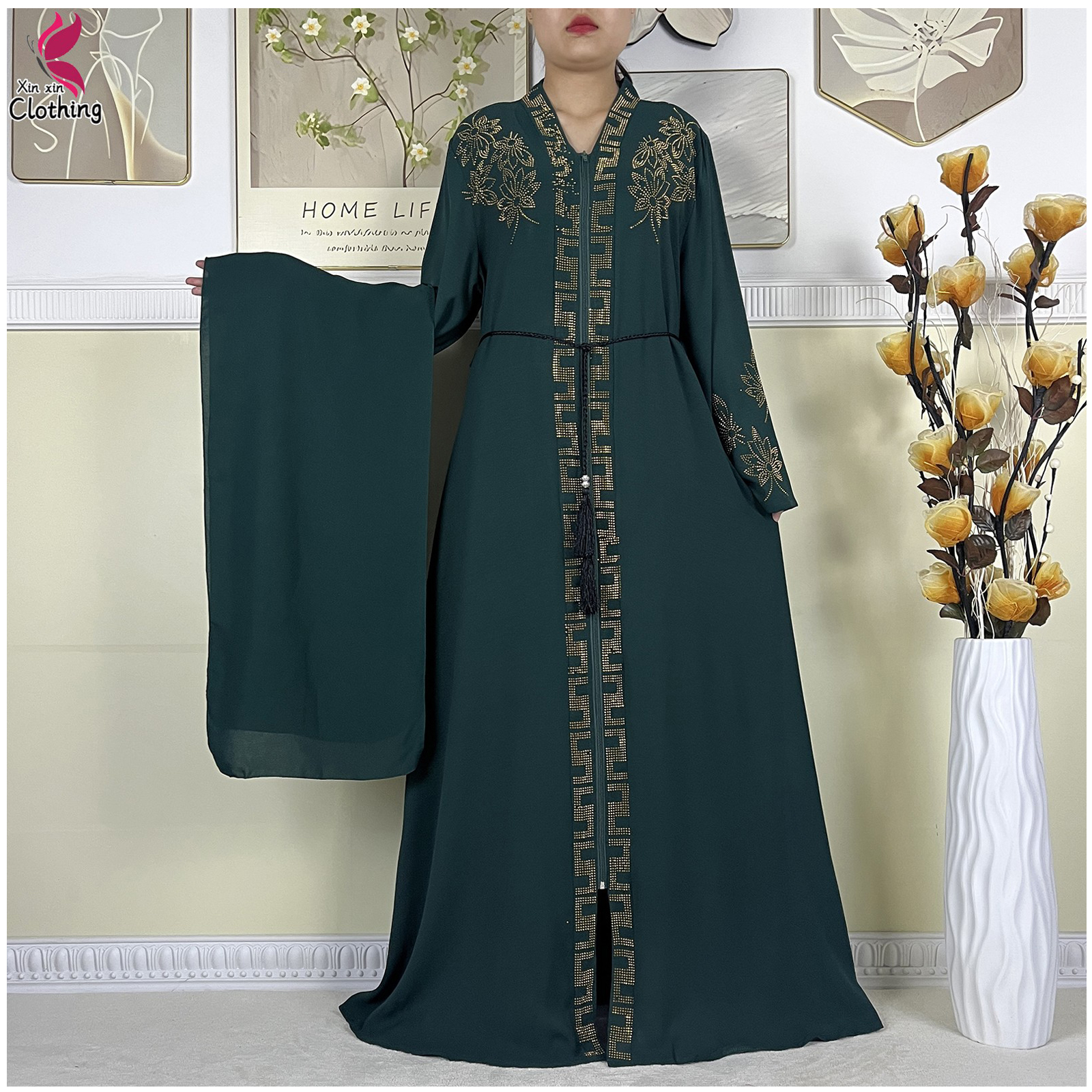 Nouveau Abayas musulmanes pour femmes Robe à manches longues dubaï dame Robe longue élégante Islam vêtements Abaya africain Robe ample avec Turban