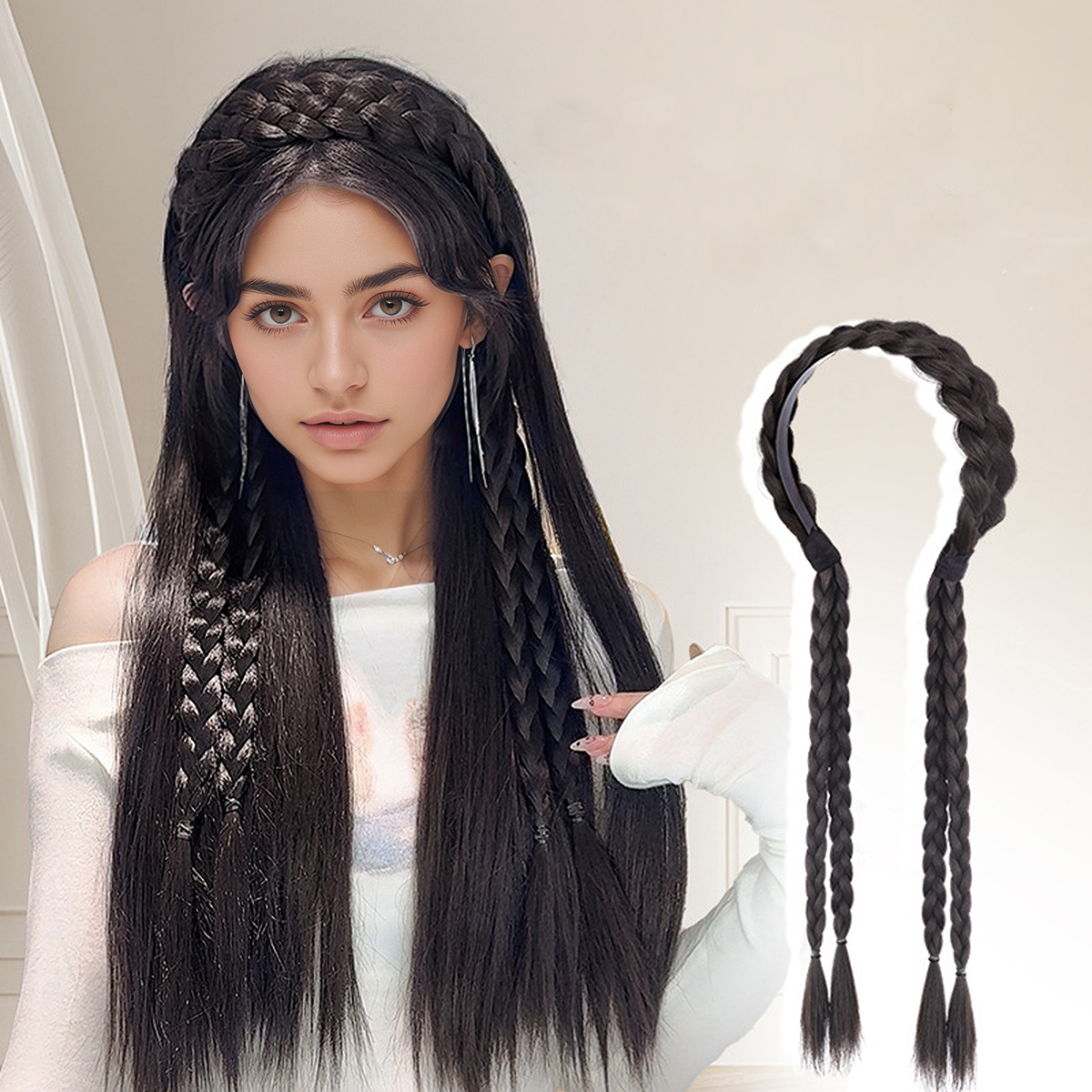 Queue de cheval tressée synthétique à double tresses, avec boucle élastique pour chignon, facile à porter et réglable