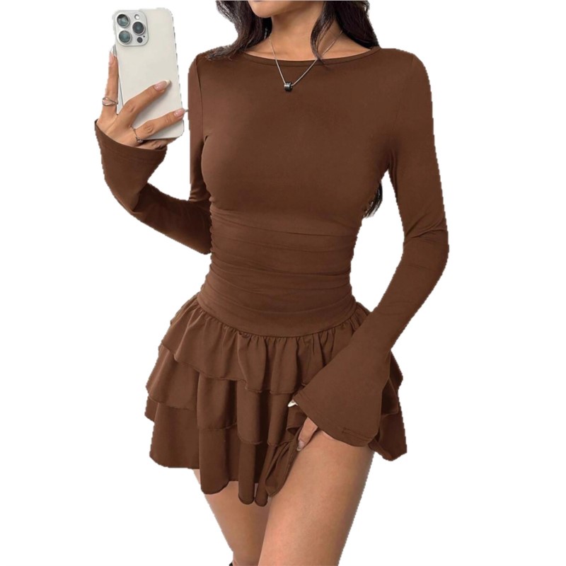 Robes de tempérament 2025 femme Mini robes Style Simple élégant français moulante mince plissé mode à manches longues déplacements Sexy