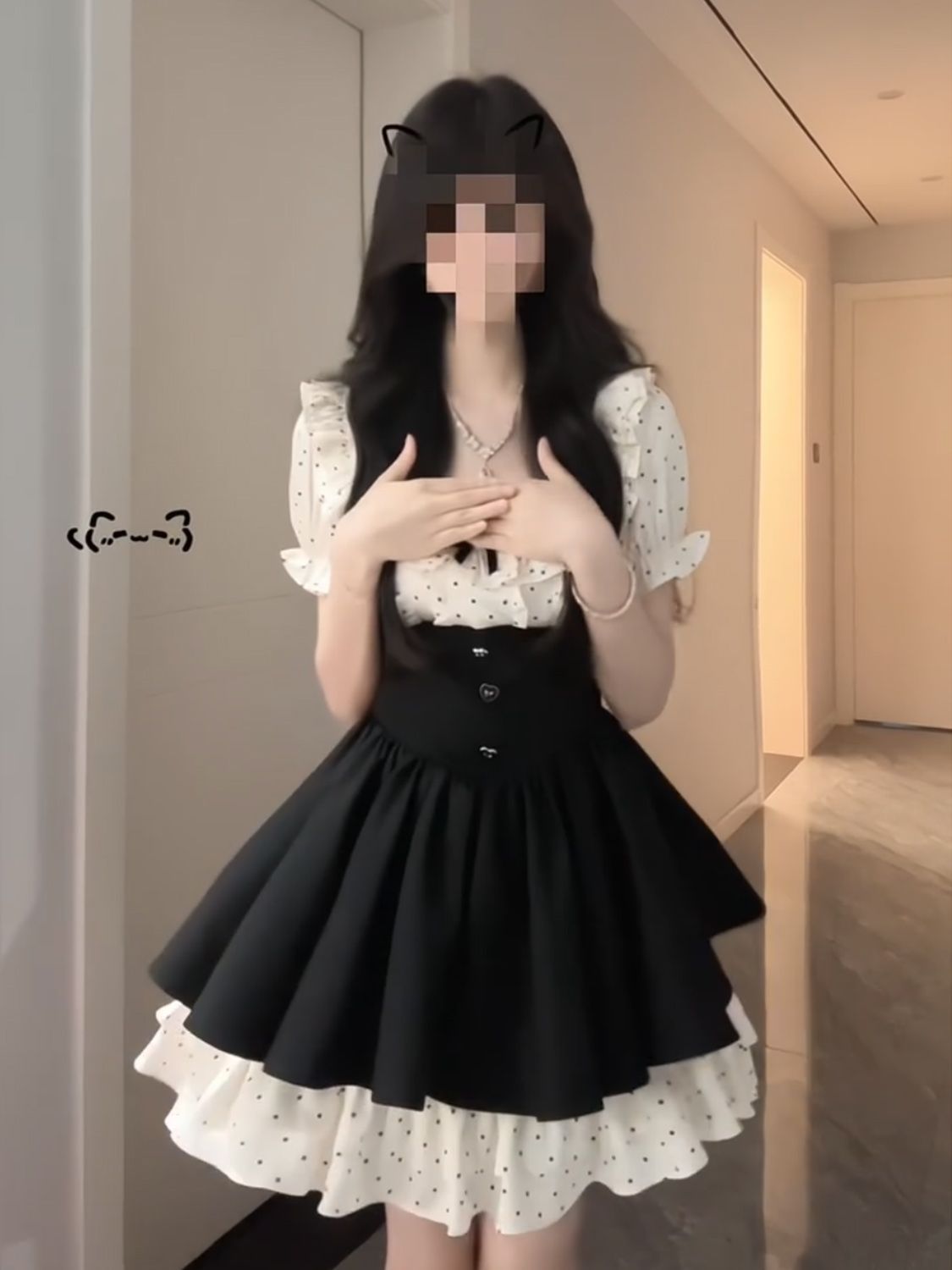 Robe Coquette Gothic Lolita pour femmes, noire, à pois, manches courtes bouffantes, nœud, volants, taille haute, mini-robe, tenue élégante