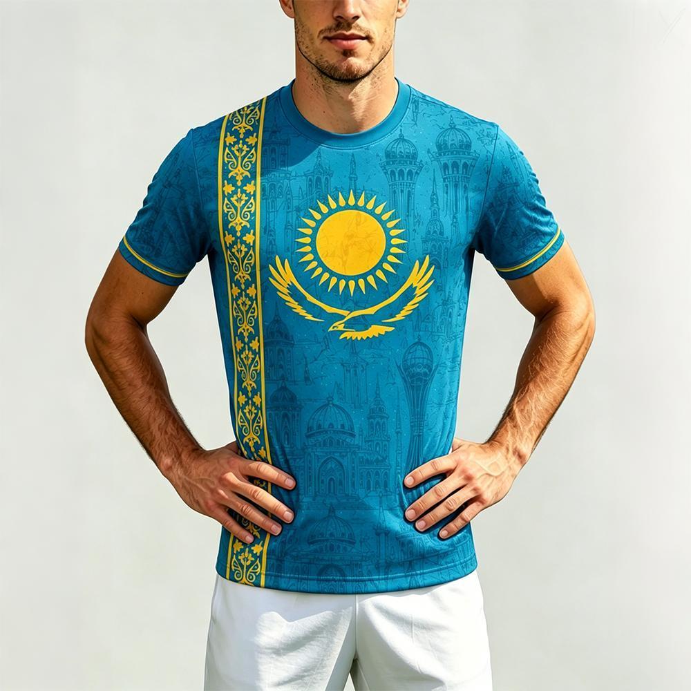 T-shirt de football imprimé style ethnique kazakh, maillot de football respirant et à séchage rapide pour sports d'été en plein air, haut décontracté unisexe