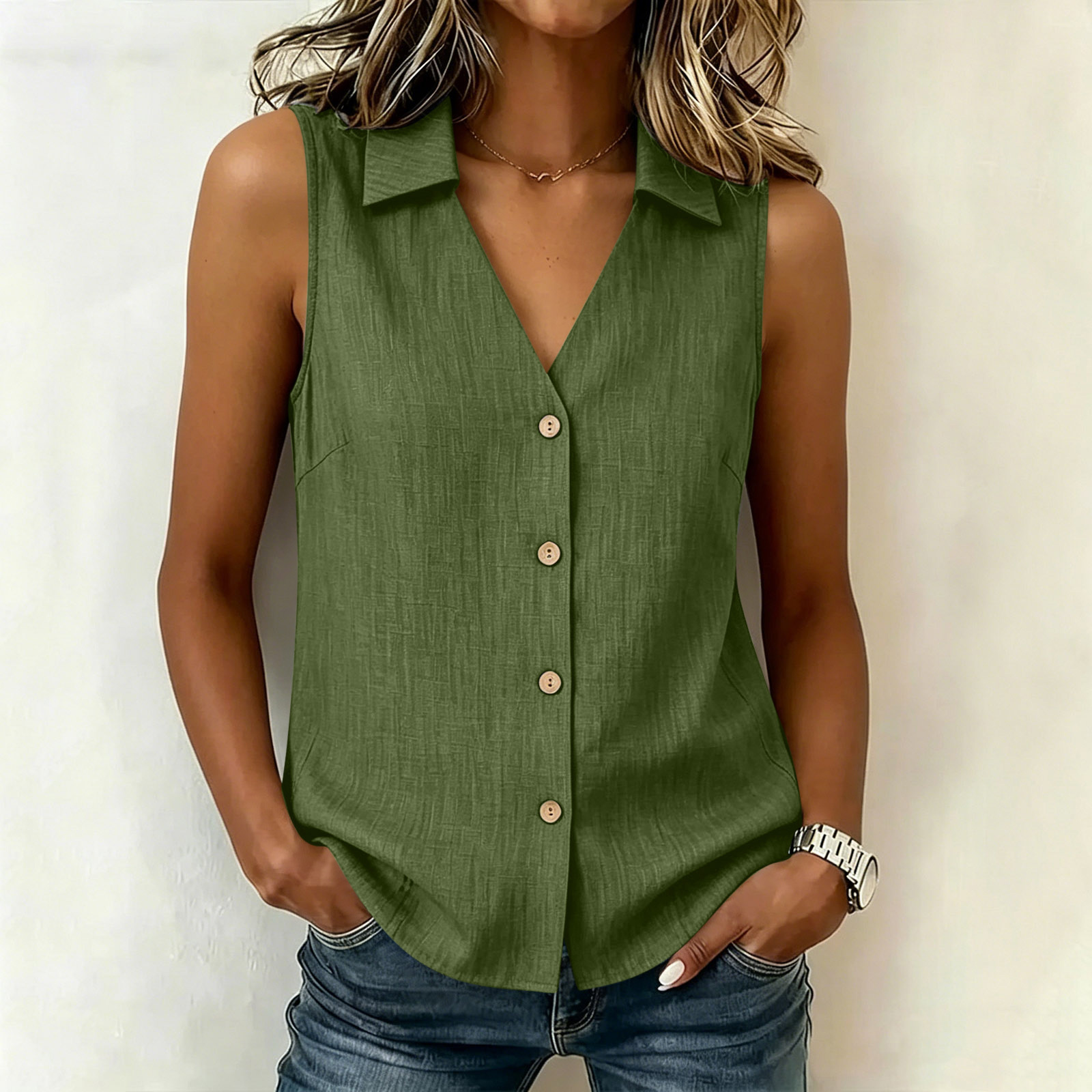 Chemisier sans manches boutonné pour femme, col en V, couleur unie, coupe ample, style OL, été RZYPFS-XY230512-2