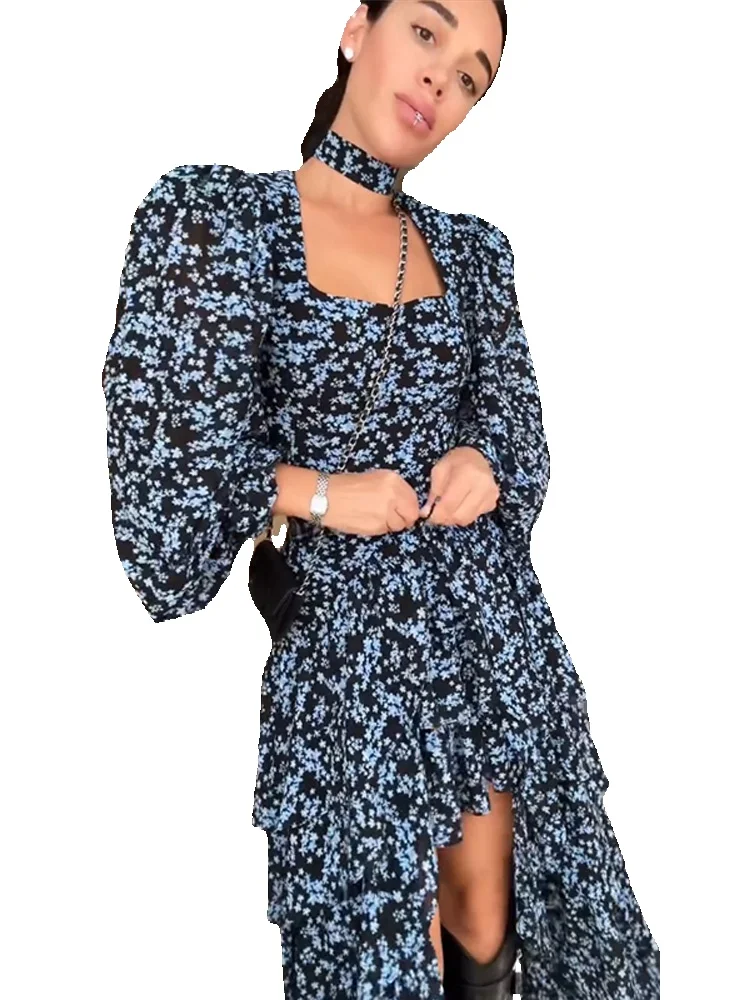 Robe longue asymétrique imprimée à col carré pour femme, sexy, à manches lanternes, taille cintrée, ourlet irrégulier, ajustée, pour soirée et fête