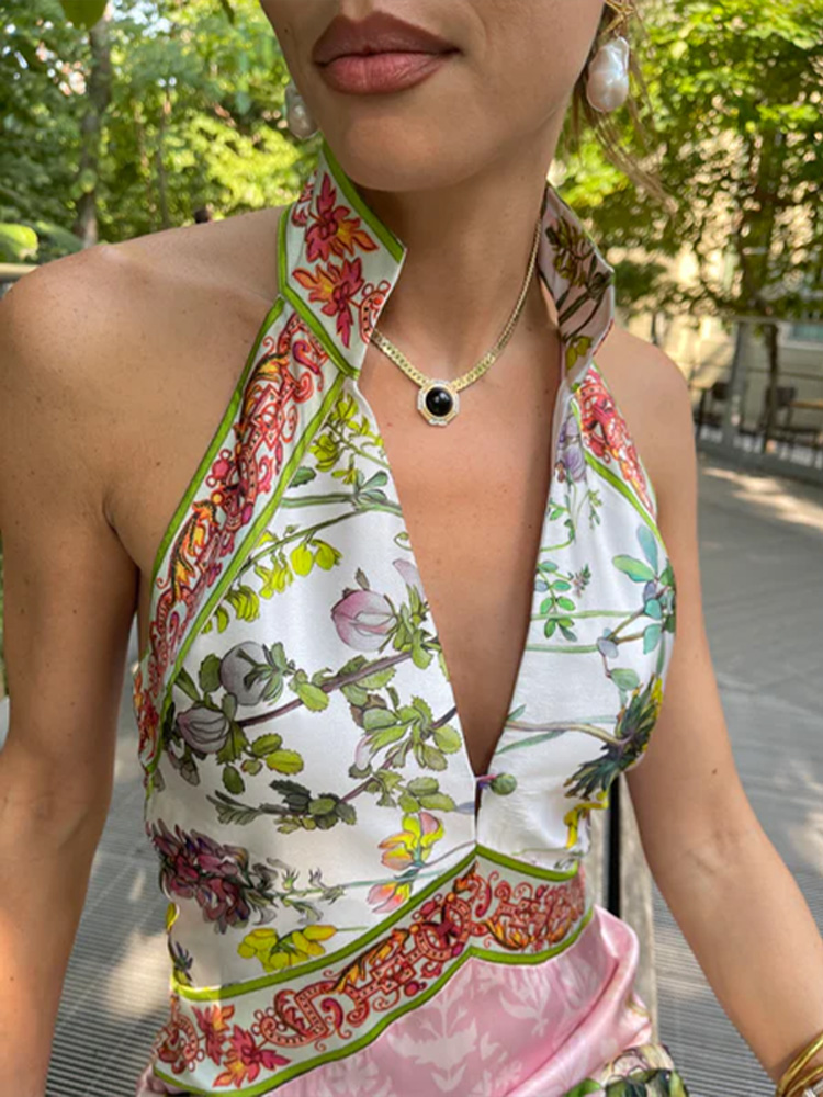 Robe longue imprimée pour femmes, col en v profond, sans manches, dos nu, taille cintrée, robes de soirée élégantes, été 2025