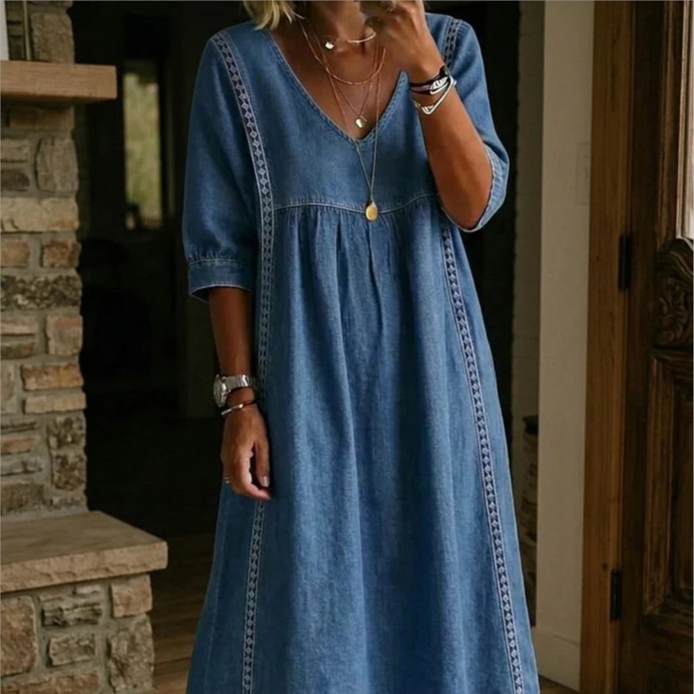 Robe longue décontractée et élégante, style bohème, col en V, à poches, couleur unie, coupe ample, pour le quotidien, printemps-été, style rétro, pull-over en dentelle