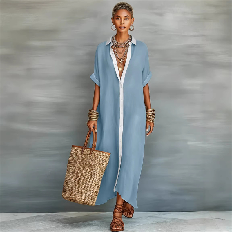 Robes décontractées confortables en coton et lin pour femmes, robe chemise maxi ample contrastante d'été, col rabattu, manches courtes