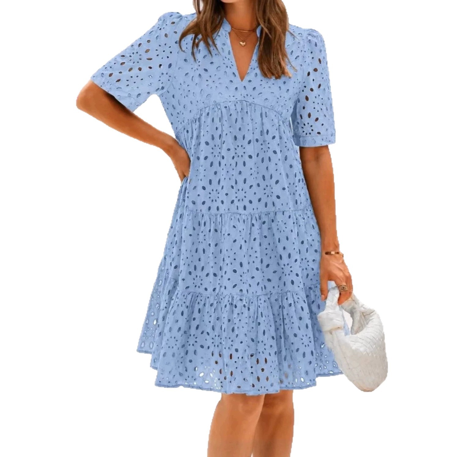 Robe de plage en coton pur brodée à col en V pour femme, robe midi d'été confortable à taille ample, style décontracté pour les voyages