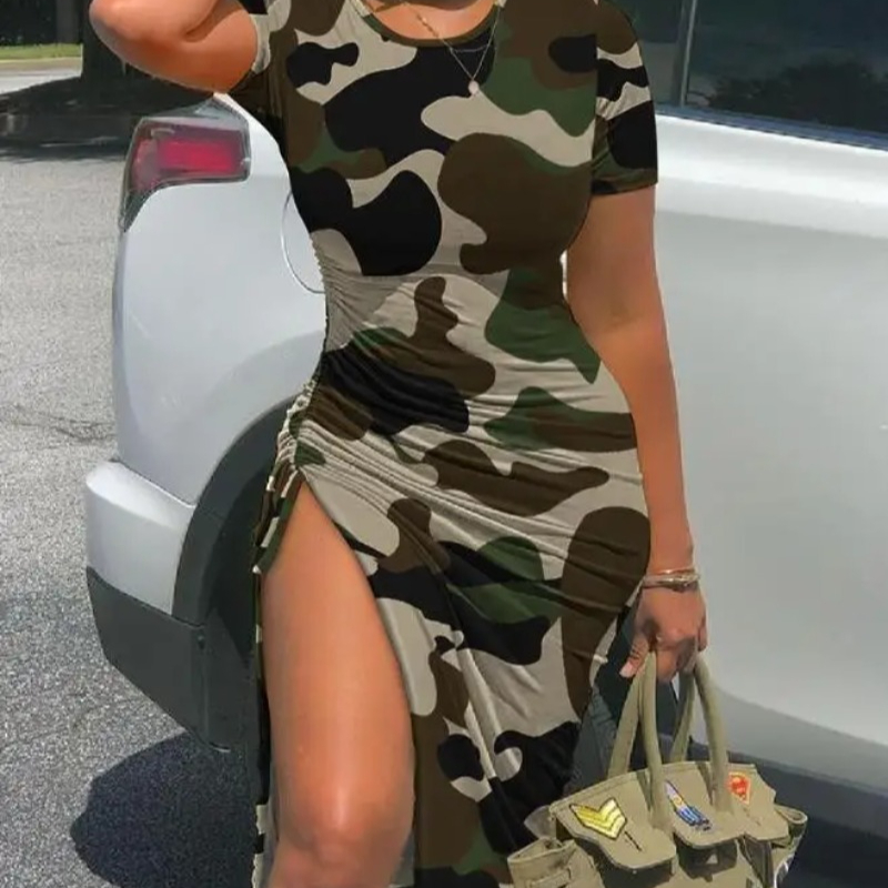 Robe à la mode pour femmes, imprimé Camouflage, cordon de serrage, fente haute, décontractée, col rond, jupe mi-longue froncée, slim, été, 2024
