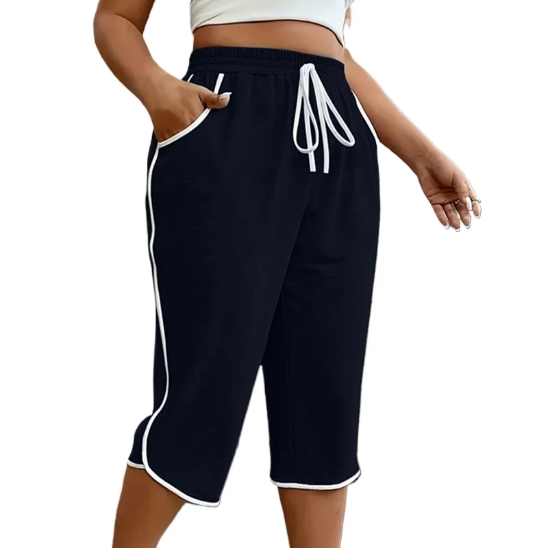 Grande taille 1XL-5XL femmes mode confortable extensible trois quarts pantalon dames décontracté couleur unie poches fonctionnelles pantalon