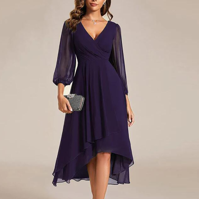 Robe longue élégante à col en V et coupe trapèze pour femme, avec manches en maille, idéale pour les fêtes, la plage et les soirées – Collection Printemps-Été