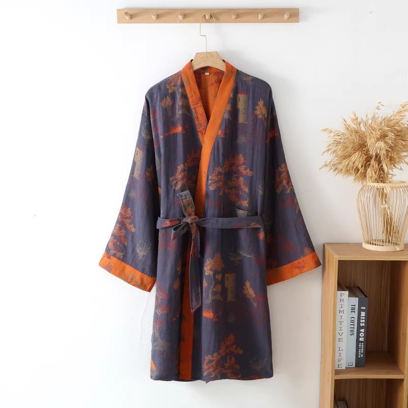 Chemise de nuit Yukata en gaze double couche de coton tissé coloré style national pour homme, idéale printemps-été, confortable F6670