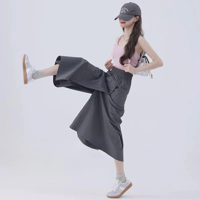 Jupe-pantalon pour femme, taille haute, jambes larges, jupe-culotte grise, fine, ample, en soie glacée, salopette décontractée, jupes de travail semi-corps, été