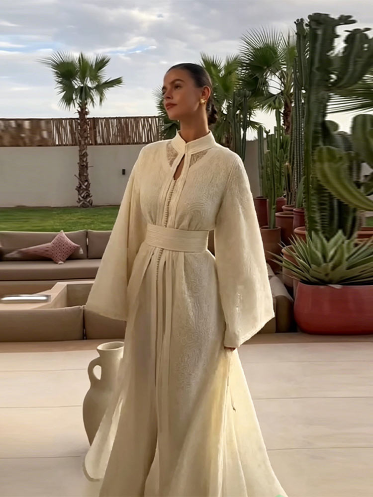 Nouvelle Robe Kaftan Bohème 2026 pour Femme – Tendance, Manches Longues avec Ceinture, Élégante et Discrète – Vêtements Féminins