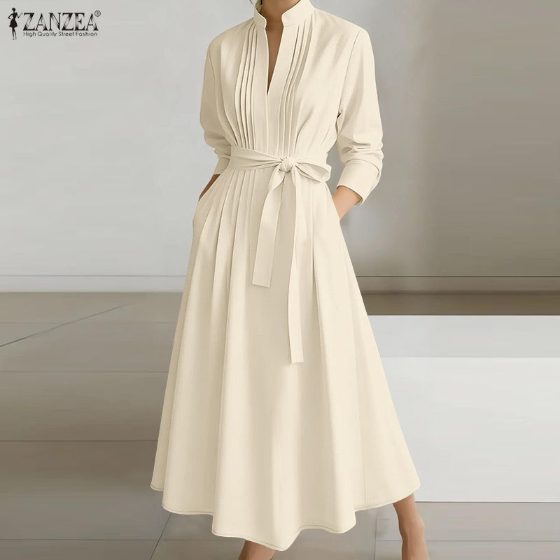 ZANZEA Robe longue maxi tendance pour femme, col montant, manches longues, froncée, taille nouée, coupe trapèze, pour le bureau et le travail