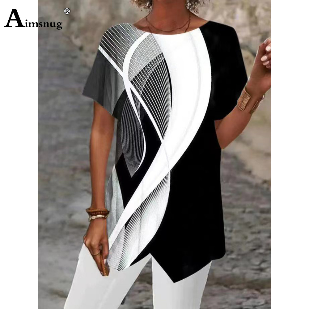 Grand Big 5xl Femmes Décontracté Boho Chemises Modèle 3D Impression T-shirts À Manches Courtes Haut Irrégulier Dames Tunique Chemise Femmes Vêtements 2025