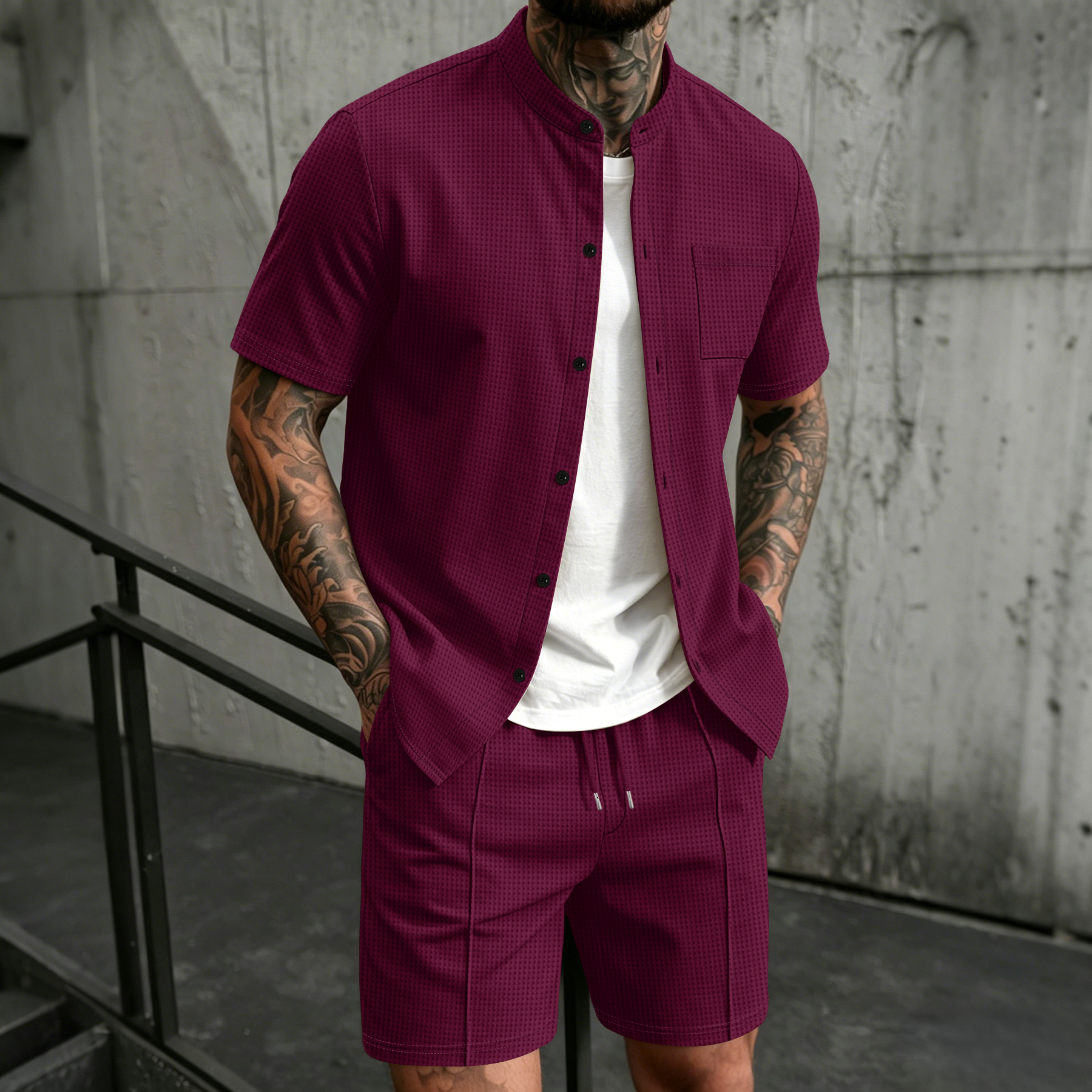 Ensemble 2 pièces pour homme, chemise à manches courtes à col montant avec poche poitrine et short à cordon de serrage, ensemble coordonné décontracté