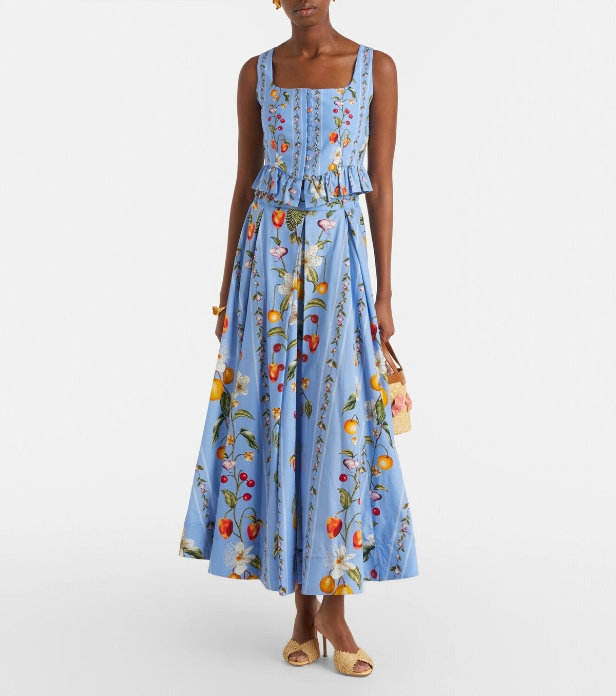 Haut court à imprimé floral pour femme avec volants et fermeture à boutonnage simple + Jupe longue taille haute à grande ampleur