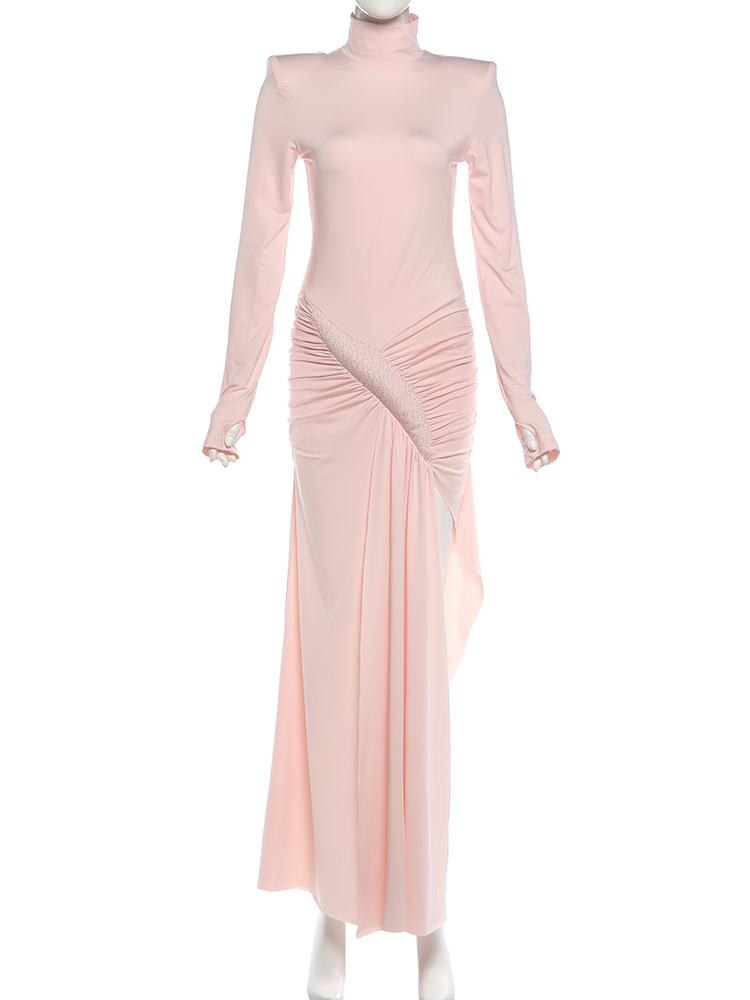 Robe longue élégante froncée Kliou pour femme, col roulé, manches longues, fentes sexy, taille haute, pour soirée de bal ou fête, style hipster, Vestidos