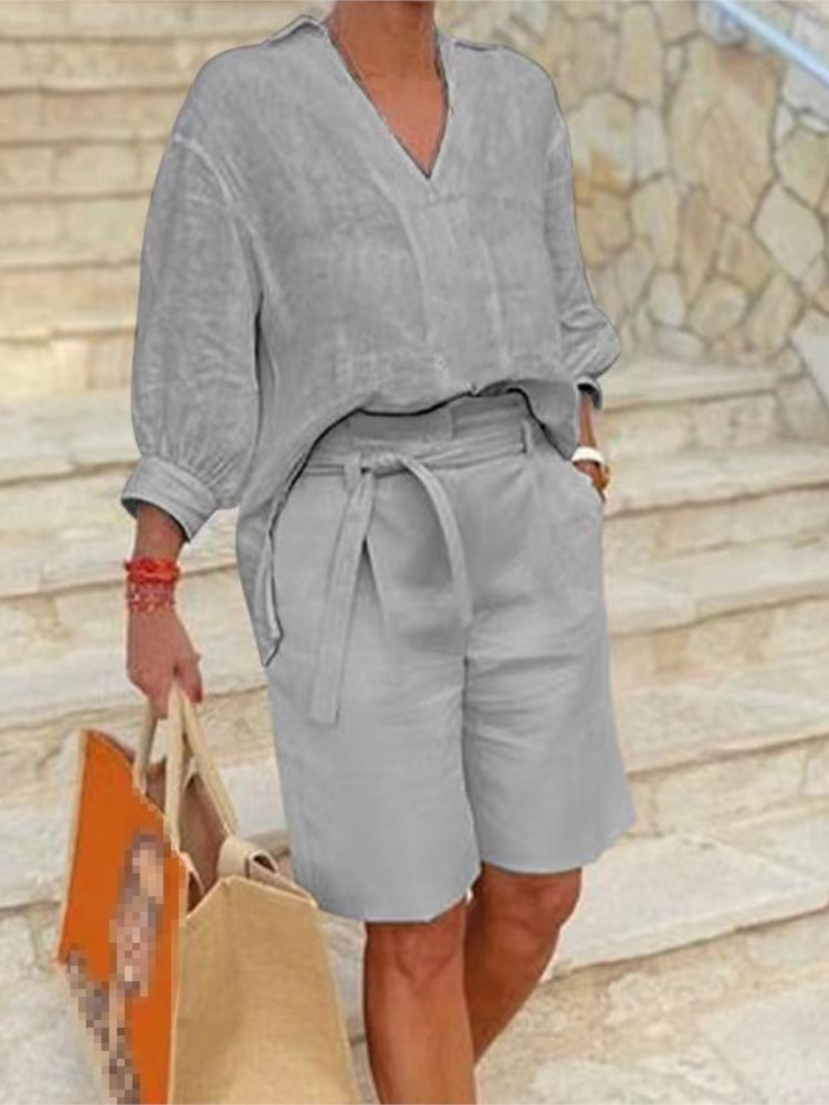 Ensemble Deux Pièces Élégant pour Femme, Chemise Décontractée à Demi Manches, Col en V, Short avec Ceinture de Poche, Tenues d'Été en Coton et Lin