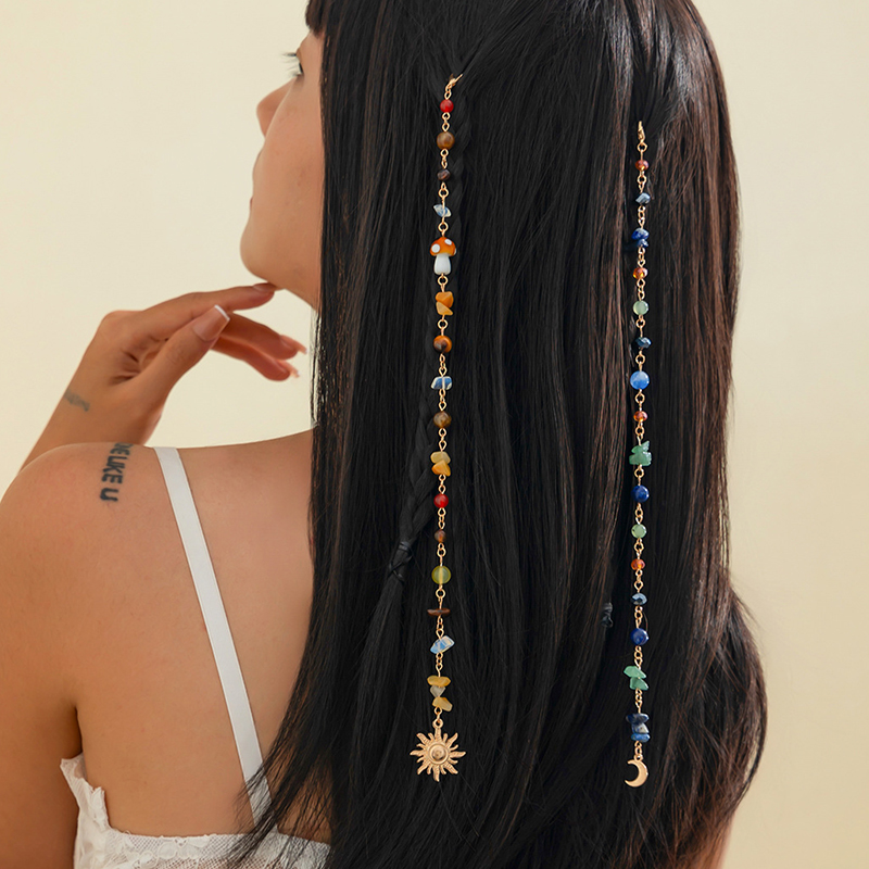Chaîne de cheveux tressée à pampilles colorées irrégulières pour femmes, pendentif Boho exquis soleil lune, Dreadlock polyvalent, accessoires pour cheveux, cadeau