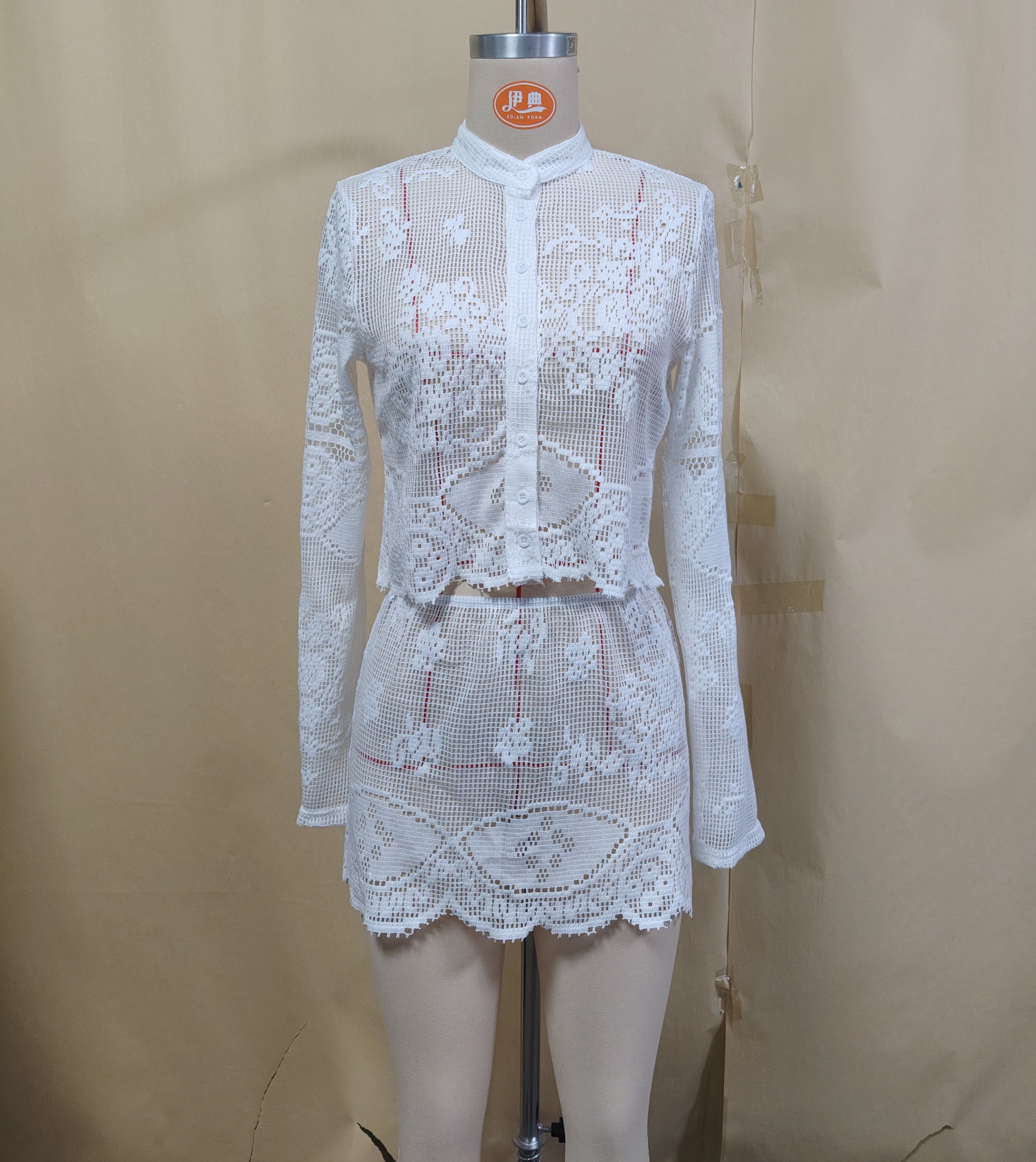 Ensemble 2 pièces en tricot crochet uni à manches longues, paréo de plage, short de plage, vêtements de plage pour femme