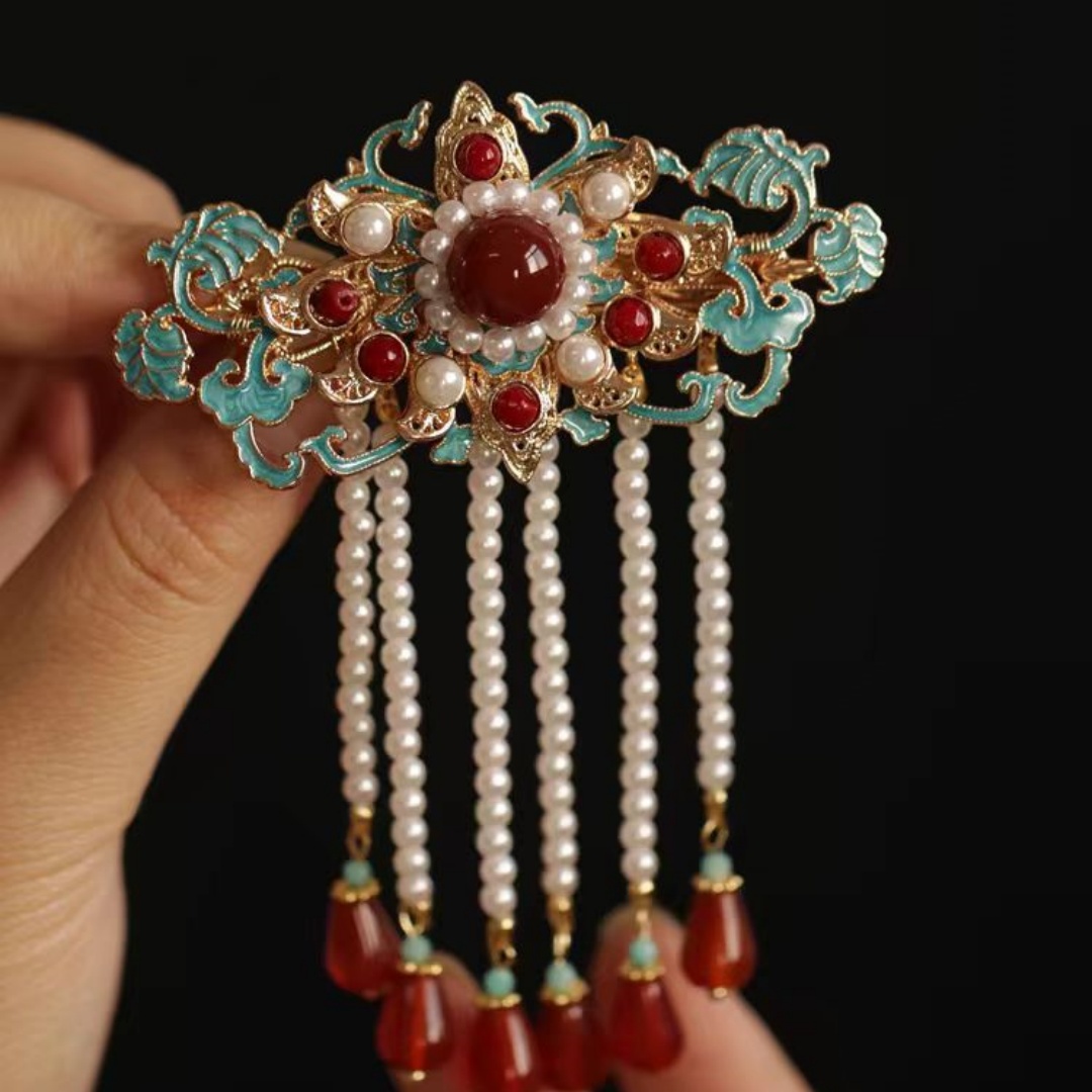 Accessoires pour cheveux de style Hanfu ancien, style rétro des dynasties Song et Ming, pinces à cheveux bleu brûlé, tenue de mariée, pinces à cheveux rouges.