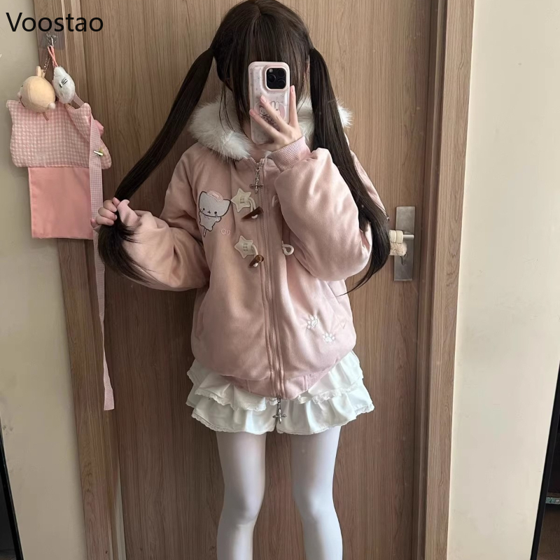 Parka japonaise Style Lolita pour femmes, manteau à capuche décontracté avec broderie de chat de dessin animé, veste chaude en peluche esthétique Y2k pour filles