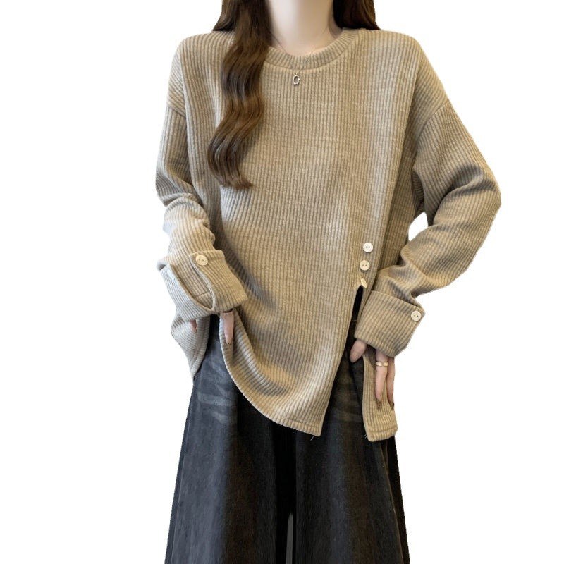 T-shirt à manches longues pour femmes, grande taille, nouvelle collection printemps-automne, décontracté, ample, texture fine, à rayures, fendu