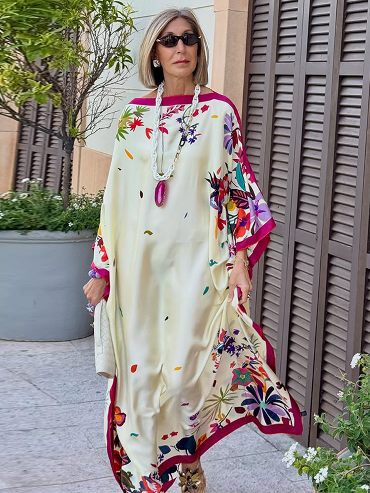 Robes longues imprimées élégantes pour femmes, style bohème, col rond, manches chauve-souris, kaftan musulman, robes amples pour femme, été automne 2026