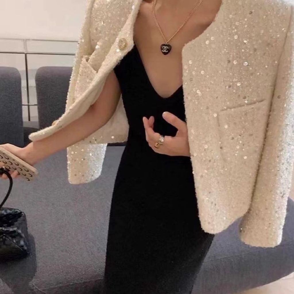 Chic paillettes doux Tweed veste femmes automne élégant à manches longues mince manteau mode coréenne col rond conception femme tout Match nouveaux hauts
