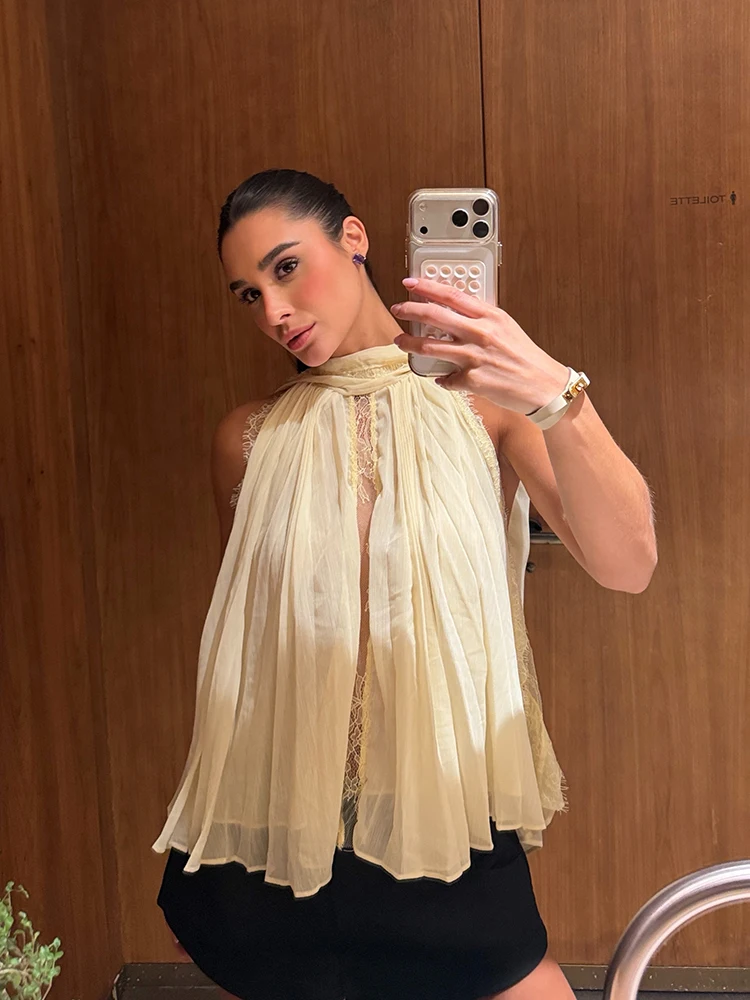 Chemisier en mousseline de soie à patchwork de dentelle pour femme, coupe ample, sans manches, plissé, chic, style châle, T-shirt polyvalent pour les vacances d'été 2026