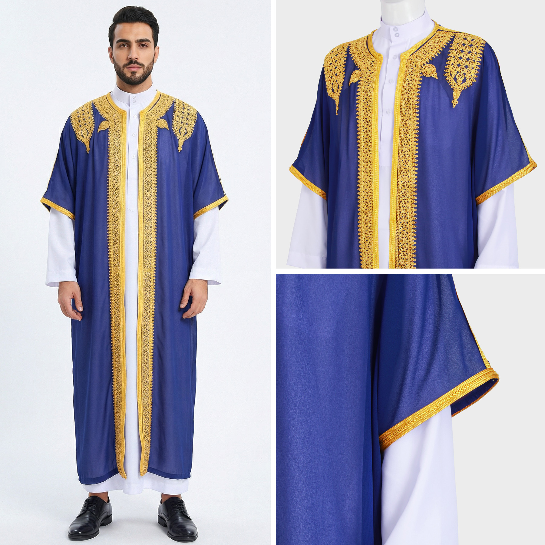 Robe d'Eid pour homme, Jubba, Thobe, Abaya ouverte, Dishdasha, Cardigan islamique brodé, Abayas, Kaftan de prière musulman pour homme, style Dubaï, Ramadan, Maroc