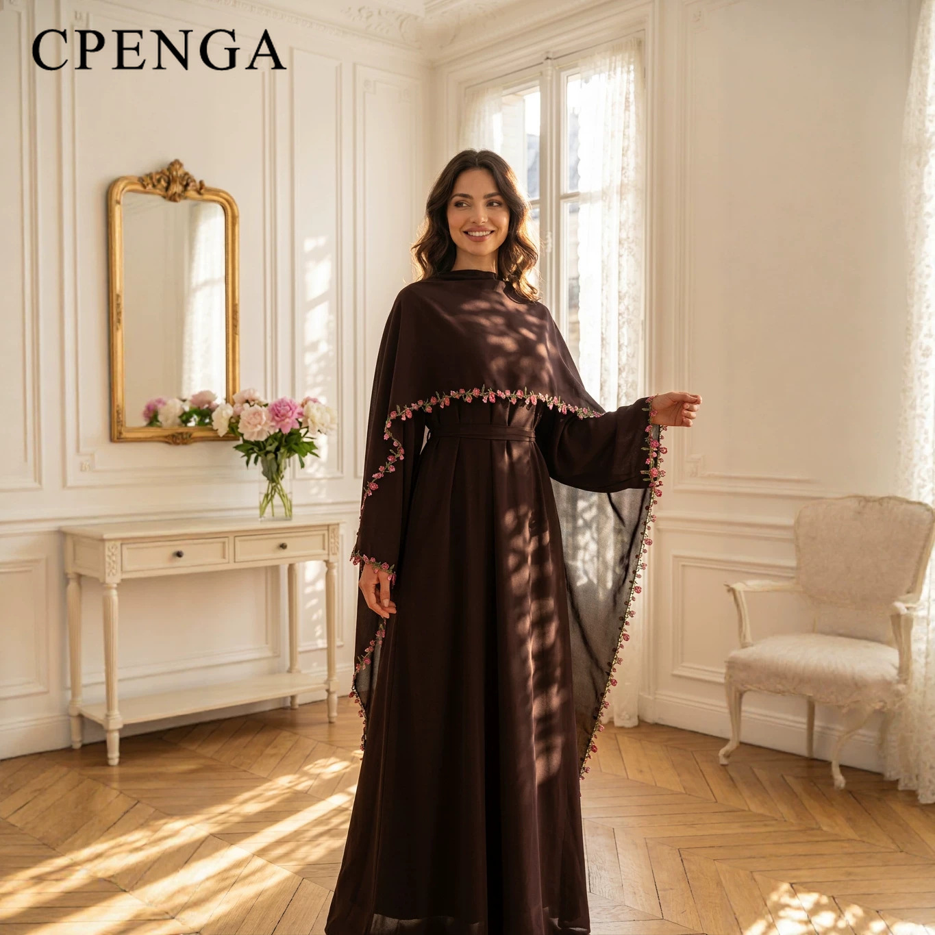 Abaya de luxe de Dubaï avec garniture florale rose et hijab, vêtements islamiques élégants et modestes en Nida pour l'Aïd 2026, nouveau caftan de fête turc pour femme