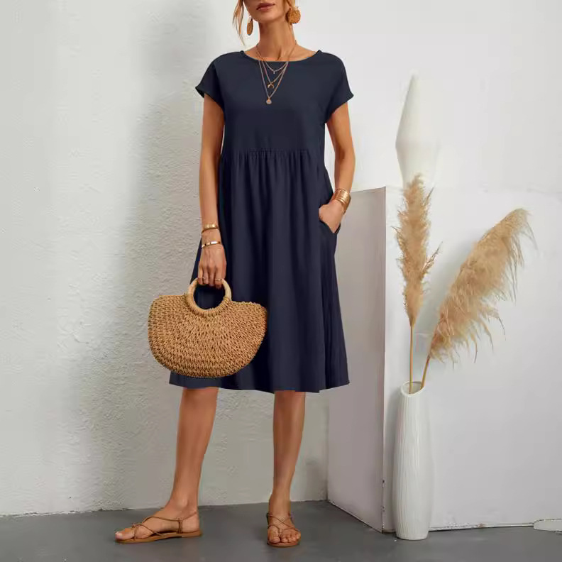 Robe en coton et lin pour femmes, tenue d'été décontractée avec poches d'épissure, vêtements féminins à la mode, manches courtes, ample, mi-longue