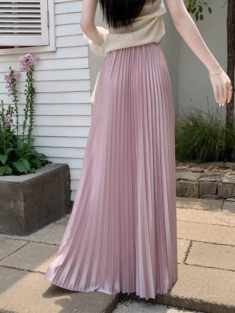 Jupe longue plissée en satin pour femmes grandes : jupe d'été évasée trapèze taille haute, coupe ajustée