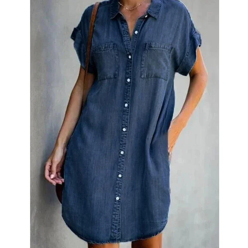 Femmes Denim chemise robes à manches courtes en détresse Jean robe boutonnée décontracté mode tunique haut