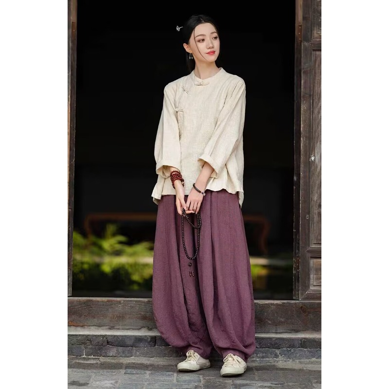 Ensemble de vêtements de Style chinois pour femmes, 2 pièces, en coton et lin, haut à manches longues, pantalon ample, rétro, patte diagonale, automne