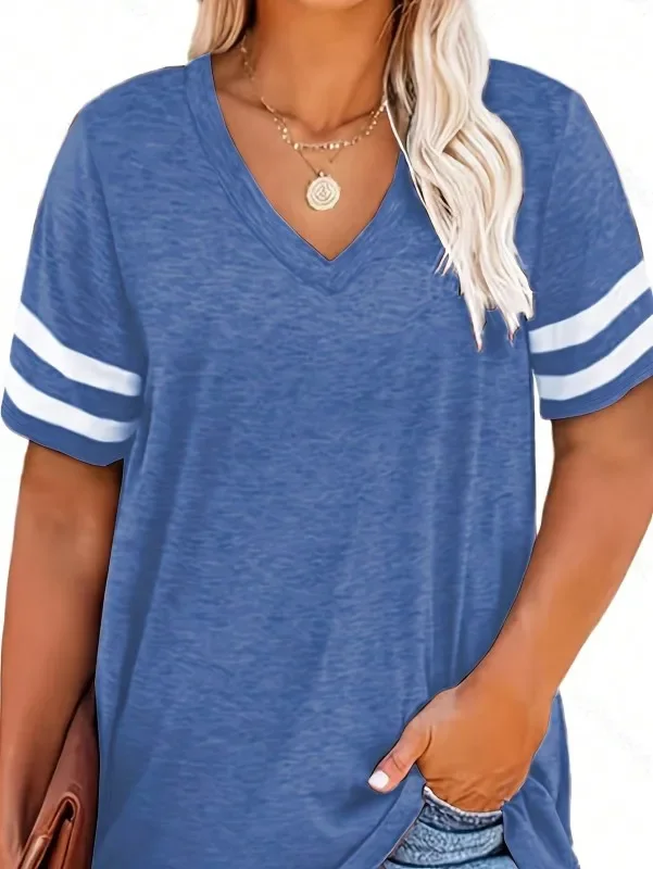 Femmes mode grande taille col en v été couleur bloquée T-shirt été haut ample à manches courtes T-shirt style décontracté 1XL-8XL